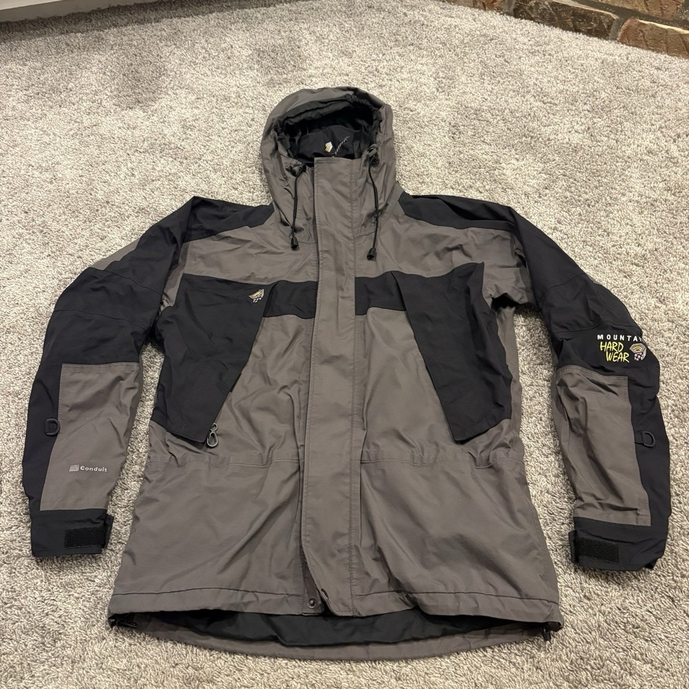 Vintage Mountain Hardware Gray Conduit Hooded Rain Jacket Men Small S Full Zip